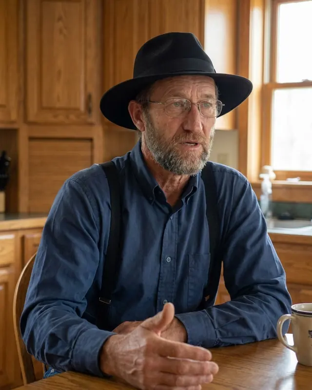 Amos Miller, author of Plain Money, seated at a kitchen table.