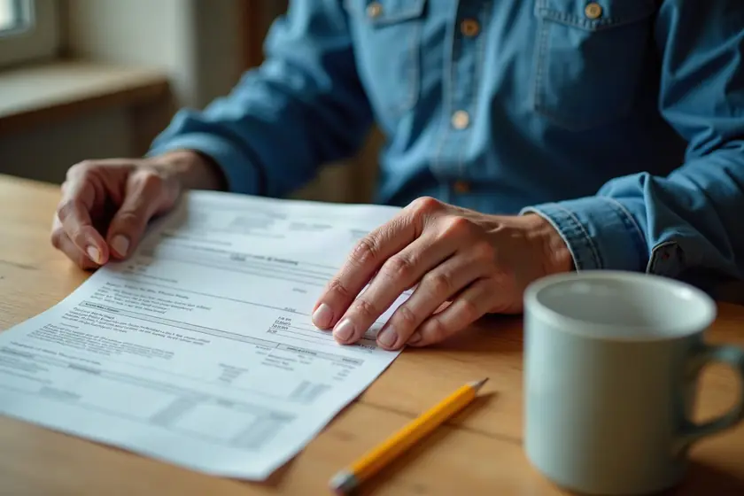 A person's hands holding an opened utility bill over a kitchen table.