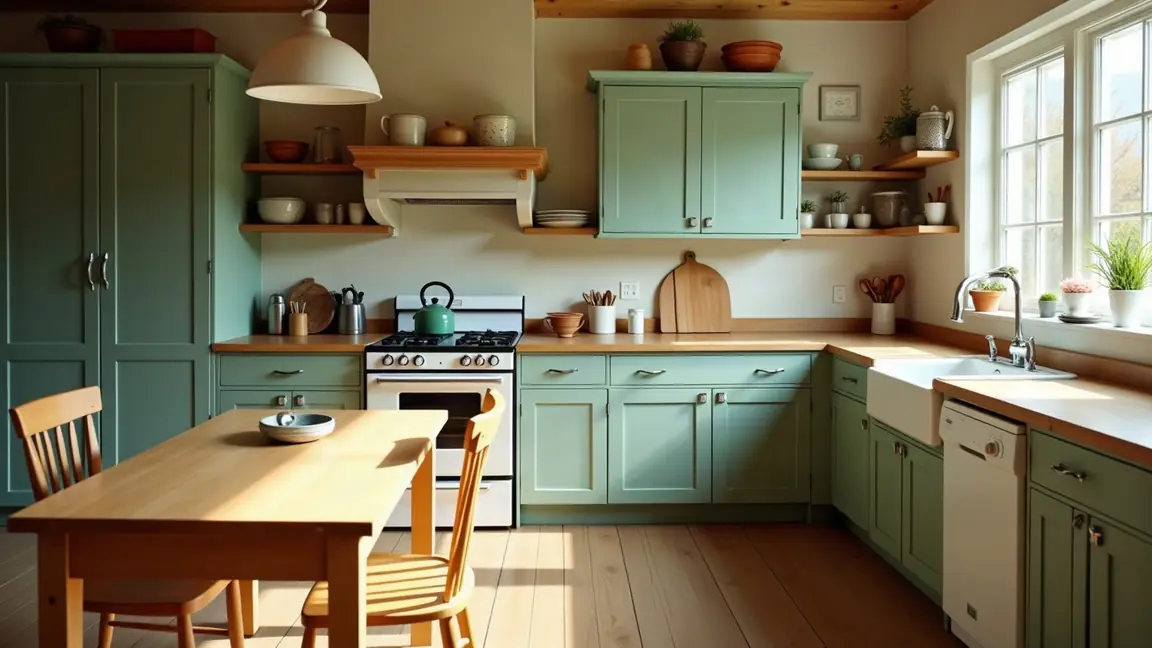 A plain, well-kept American farmhouse kitchen in early morning light.