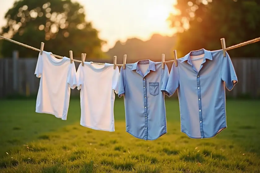 Laundry drying on a rope clothesline in a backyard at golden hour.