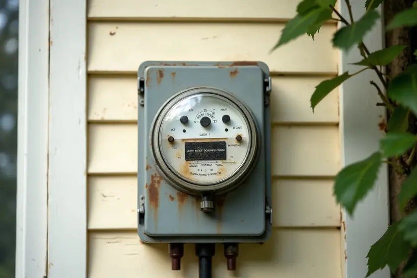 A residential electricity meter mounted on the clapboard wall of an American house.
