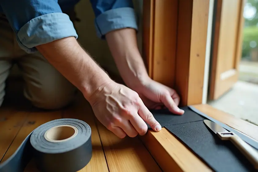 Hands pressing adhesive foam weatherstripping onto a door jamb.